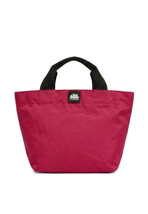 Piccola borsa tote rossa con manici neri e toppa con logo Sundek centrata sulla parte anteriore superiore su sfondo bianco.