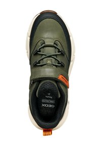 Zielone sneakersy ze skóry i siateczki z czarnymi akcentami, rzepem i beżową podeszwą. Posiadają izolację termiczną i wyściółkę kołnierza.