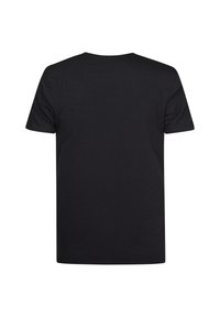 T-shirt nera in cotone con vista posteriore semplice, colletto rotondo, maniche corte e texture liscia senza motivi o grafiche visibili.