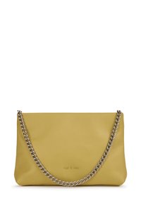 Yellow leather purse with a chain strap, smooth texture, minimalist design, and embossed logo. Flattened rectangular shape.