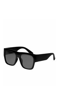 Black oversized sunglasses with dark lenses, thick, matte plastic frame, square shape, and wide temples. No visible patterns or hardware.