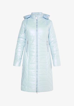 Cappotto imbottito blu chiaro con una finitura lucida, dotato di cappuccio, maniche lunghe, zip frontale completa e due tasche laterali con zip.