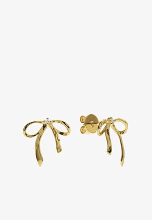 Guldøreringe designet som båndsløjfer med en central klar sten. Glat finish med en poleret overflade; studs lukning.