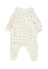 Tutina bianca in morbido fleece, con un collo arricciato e un motivo di piccoli cuori nei colori rosa, blu e viola in tutto il tessuto.