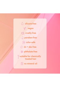 Étiquette avec avantages produits : sans silicone, végan, sans cruauté animale, sans paraben, compatible avec la couleur, sans SLS/SLES, sans phtalates, sans huile minérale.