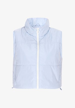 Hele sinine puff-veste kõrge kraega, esikinnitus ja sile, läikiv pind. Omab horisontaalset õmblust ja käeauke pole.