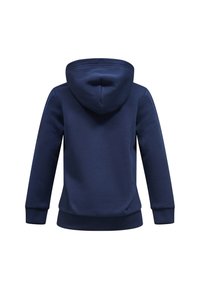 Mørkeblå hoodie med snoretræk i hætten, lange ærmer, ribbede manchetter og kant. Glat stofstruktur med et afslappet design og uden synlige mønstre.