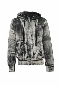 Hooded jacket with a zip closure, crafted from soft black and white fabric featuring handwritten-style patterns and two front pockets.