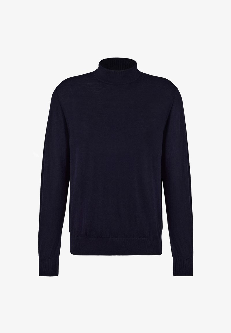 Marineblauer Rollkragenpullover aus weichem Material mit langen Ärmeln und gerippten Bündchen. Hat ein figurbetontes Design und einen nahtlosen Halsauschnitt.