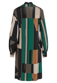 Robe à manches longues présentant un motif géométrique coloré en vert, noir, beige et marron. Détails de boutons aux poignets. Tissu lisse.