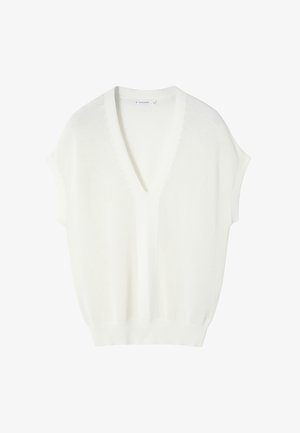 Biały sweter dzianinowy z dekoltem w kształcie litery V, krótkimi rękawami i prążkowanym wykończeniem. Posiada teksturowany materiał oraz luźny krój.