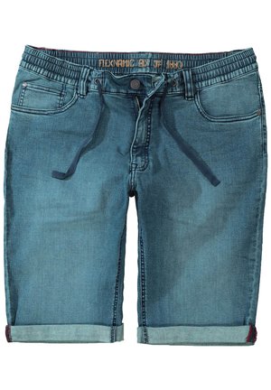 Denim-Shorts in verblasstem Blau mit elastischem Bund, Kordelzug, Fronttaschen und Umschlägen. Mit dekorativen Nähten.