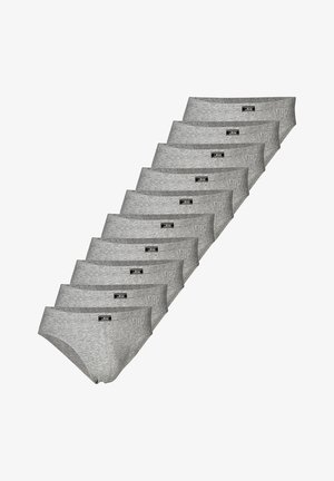 Zehn Paar graue Baumwollunterwäsche mit glatter Textur, elastischem Bund und einem kleinen Markenlabel auf der Vorderseite.