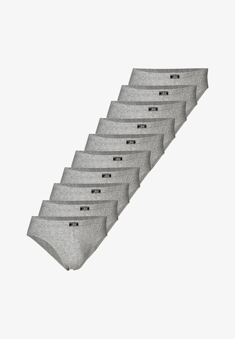 Tien paar grijze katoenen onderbroeken met een gladde textuur, elastische tailleband en een klein merkembleem aan de voorkant.