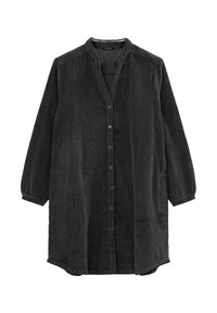Abito camicia in velluto a coste nero con apertura frontale a bottoni, maniche lunghe e un motivo a coste testurizzato. Presenta tasche laterali e un colletto rotondo.