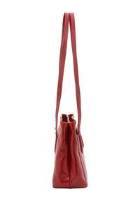 Borsa a tote rossa in pelle con due manici lunghi, una consistenza morbida e una forma leggermente sformata, caratterizzata da un'apertura superiore con un design arricciato.