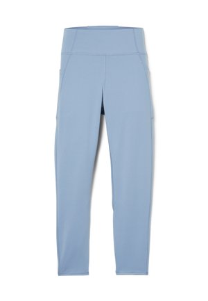 Lyseblå atletiske leggings lavet af strækbart materiale har en høj talje og sidelommer. Glat tekstur med forstærket syning.
