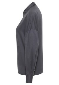 Chemise à manches longues gris foncé avec un col classique, des manches froncées et des poignets boutonnés, vue de côté gauche.