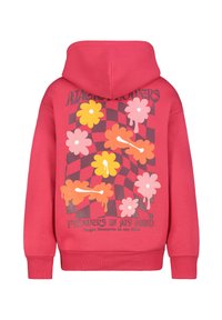 Rode hoodie met een grafisch ontwerp van kleurrijke bloemen en abstracte vormen op de achterkant, met tekst in een speelse lettertype. Zachte, gestructureerde stof.