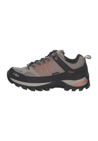 Waterproof outdoor shoes in grey and black, featuring orange accents, a textured upper, durable outsole, and lacing system for secure fit.