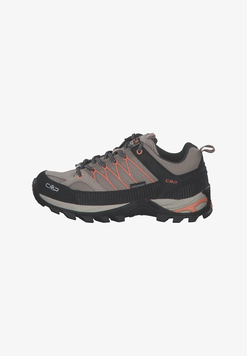 Waterproof outdoor shoes in grey and black, featuring orange accents, a textured upper, durable outsole, and lacing system for secure fit.