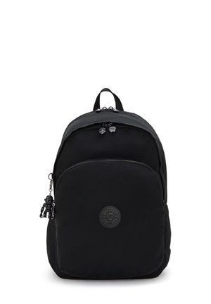 Black backpack with a smooth fabric texture, rounded shape, front zip pocket, and a black logo patch. Features small black figure keychain.