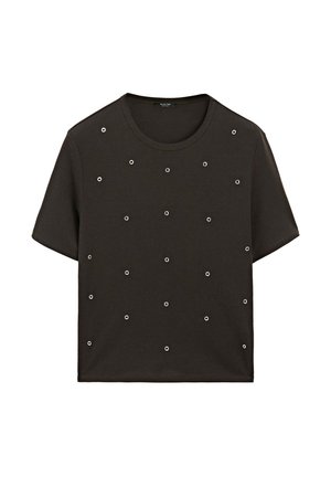 Maglietta nera a maniche corte con molteplici occhielli in argento disposti in un pattern a griglia. Realizzata in morbido cotone con scollatura rotonda.