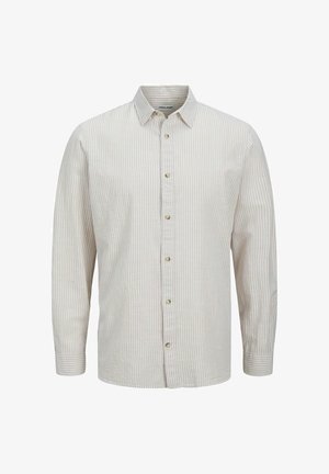 Chemise à manches longues en coton rayée de couleur beige clair avec des lignes verticales discrètes, dotée d'un col boutonné et de boutons en or pâle.