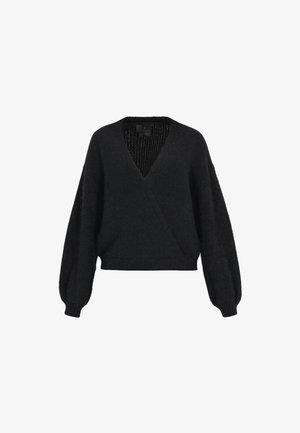 Pulover lung tricotat negru cu mâneci lungi, cu decolteu tip V și tivuri ribbate, expus pe un fundal alb.