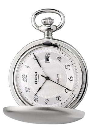 Silberne Taschenuhr mit einem weißen gemusterten Ziffernblatt, schwarzen Stunden- und Minutenzeigern, arabischen Ziffern und einem Datumsfenster um drei Uhr.