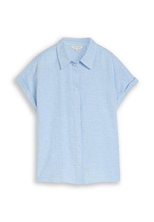 Lichtblauw overhemd met korte mouwen, knopen, witte verticale strepen en een kraag, plat liggend op een witte achtergrond.