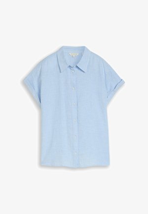 Lichtblauw overhemd met korte mouwen, knopen, witte verticale strepen en een kraag, plat liggend op een witte achtergrond.