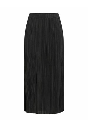 Jupe midi noire avec de fines plis verticaux et une taille élastique, adaptée pour un usage décontracté ou formel.
