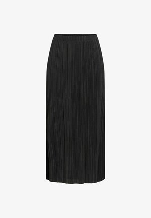 Jupe midi noire avec de fines plis verticaux et une taille élastique, adaptée pour un usage décontracté ou formel.