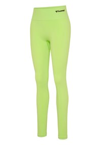 Neongröna leggings gjorda av stretchigt material med resår i midjan. Har en logotyp framtill och en slät, figurnära design.