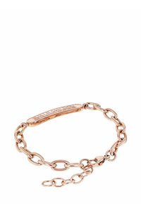 Pulsera de cadena en oro rosa con una placa alargada con texto grabado, secciones de cadena ovaladas y redondas interconectadas, acabado pulido y cierre seguro.