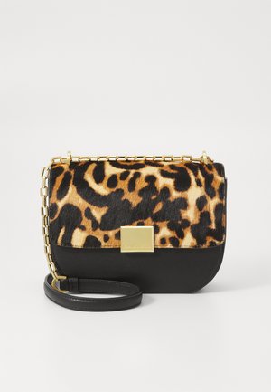 Leopard-print faux fur pouch with black leather bottom, gold-tone chain strap, rectangular shape, and metal clasp detail.