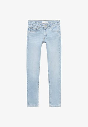 Svjetloplave uske traperice s glatkom traper tkaninom, dizajnom s pet džepova i blagim izbjeljivanjima sprijeda i straga.