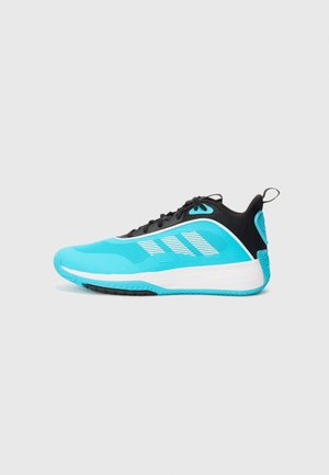 Chaussure de sport bleu vif avec col noir, semelle blanche, lacets à l'avant et motif rayé bleu clair sur le côté, vue de profil.