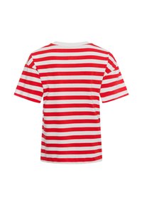 Red and white striped t-shirt made of cotton, featuring short sleeves, a crew neck, and a straight hemline on the back.