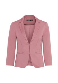 Růžový tailored blazer s jedním předním zipem, klopovými límci a dvěma předními kapsami. Hladká tkanina se strukturovaným střihem a čistým designem.