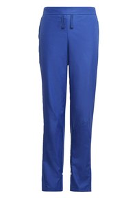 Pantalon de sport bleu fabriqué dans un tissu lisse et léger. Doté d'une taille élastique avec cordon de serrage et de jambes fuselées avec un design subtil sur les côtés.