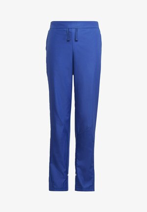 Blaue Sporthosen aus einem glatten, leichten Stoff. Mit einem Kordelzugbund und schmal zulaufenden Beinen, die an den Seiten ein dezentes Design aufweisen.