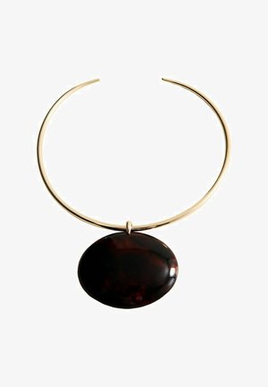 Gold open choker necklace featuring a large, smooth, oval dark brown stone pendant suspended at the center.
