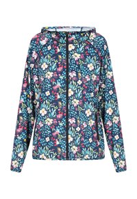 Giacca zip-up floreale blu navy con cappuccio. Presenta un motivo di fiori e foglie colorate, maniche lunghe e un tessuto testurizzato.