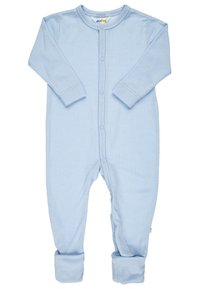 Hellblaues Jumpsuit aus strukturiertem Baumwollstoff. Verfügt über lange Ärmel, Druckknöpfe vorne und umgekrempelte Bündchen für Flexibilität.