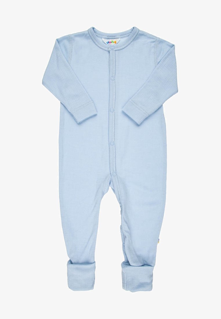 Hellblaues Jumpsuit aus strukturiertem Baumwollstoff. Verfügt über lange Ärmel, Druckknöpfe vorne und umgekrempelte Bündchen für Flexibilität.