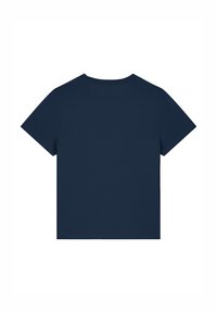 Marineblaues T-Shirt mit kurzen Ärmeln und Rundhalsausschnitt, das eine glatte, gleichmäßige Textur und ein minimalistisches Design ohne Vorderdetails aufweist.