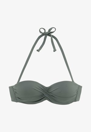 Samanų žalios spalvos bandeau tipo maudymosi kostiumėlio viršus su išsukta priekyje, reguliuojamomis kaklo juostelėmis ir lygia medžiagos tekstūra.
