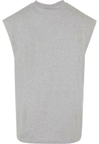 Grå ermeløs topp med en avslappet passform, laget av myk, lettvektig stoff. Har rund hals og senket skulderdesign.